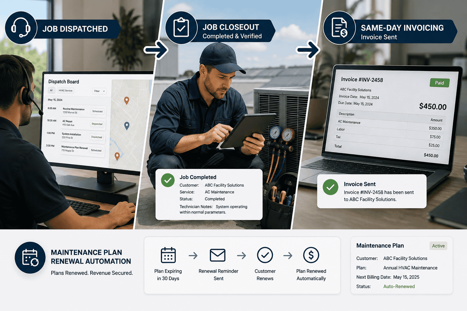HVAC dispatch-to-invoice workflow showing job closeout, same-day invoicing, and maintenance-plan renewal automation