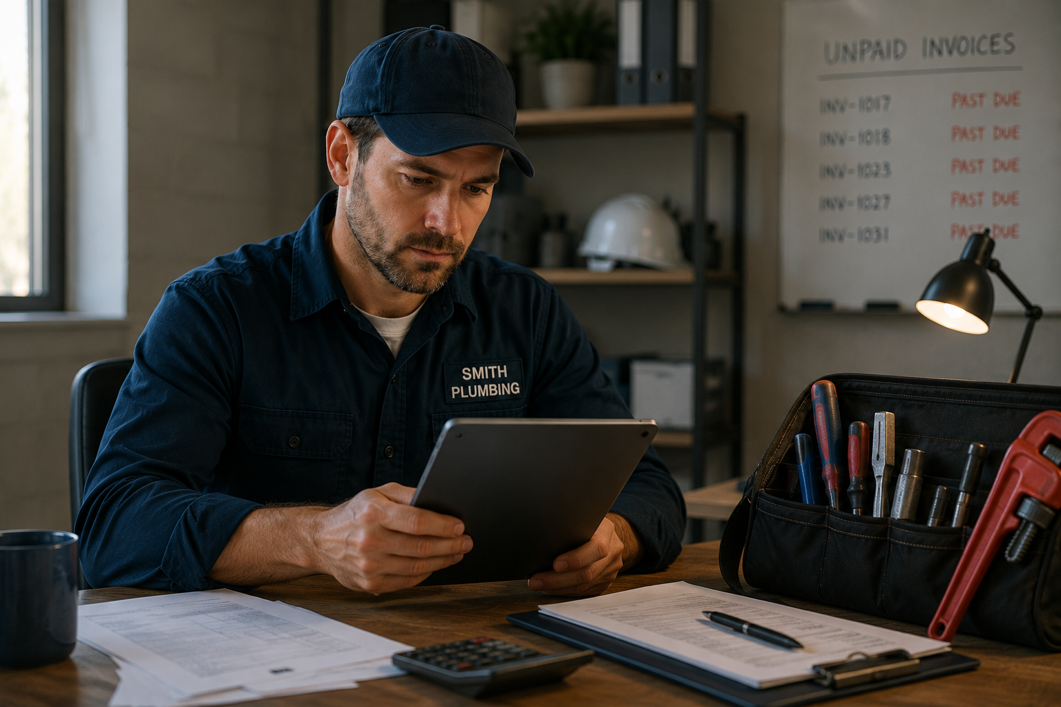 plumber reviewing unpaid invoices on a tablet