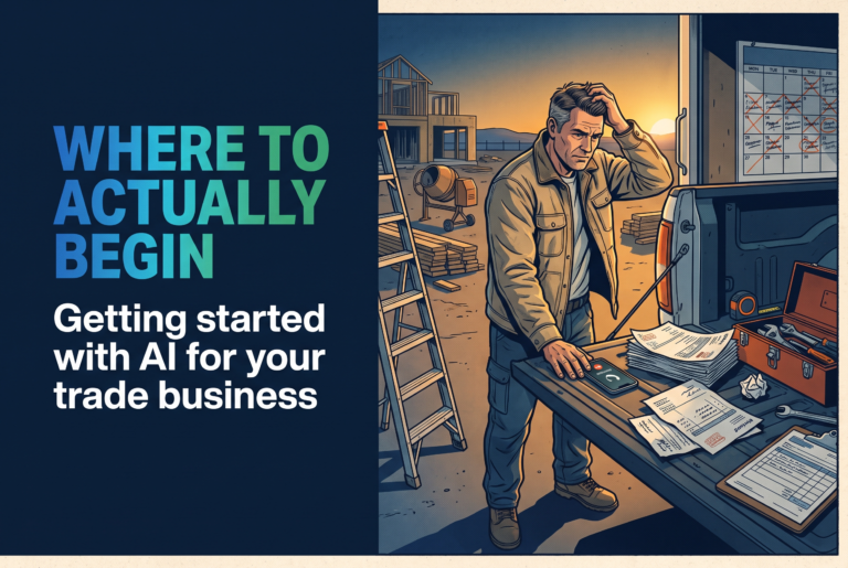 A contractor at a truck tailgate at dawn facing an unanswered ringing phone and a stack of paper estimates and invoices, representing where trade businesses lose time before adopting automation
