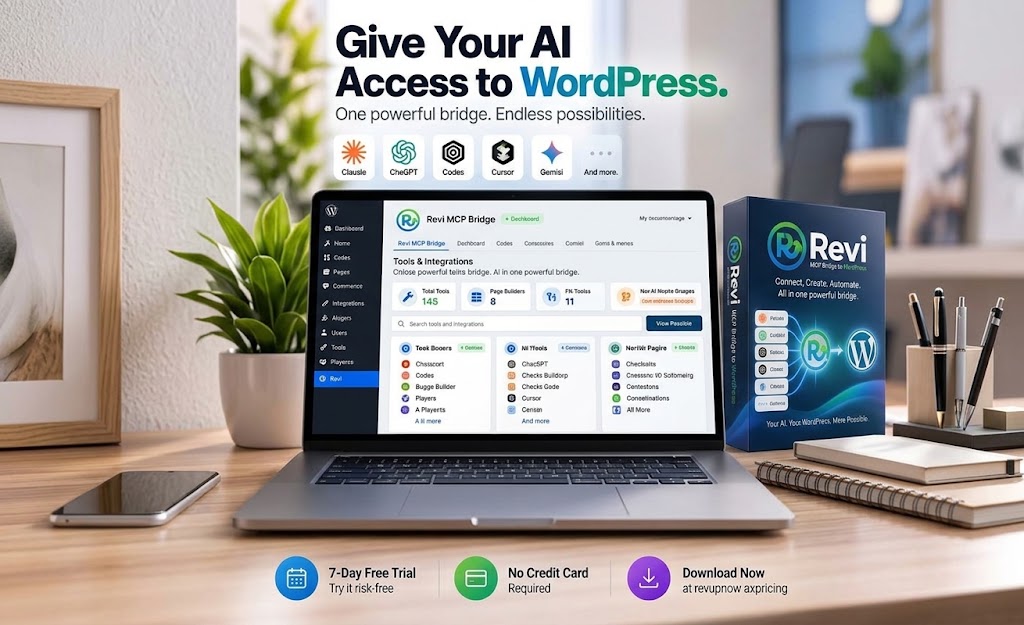 Revi MCP connecting an AI assistant to WordPress through controlled permissions