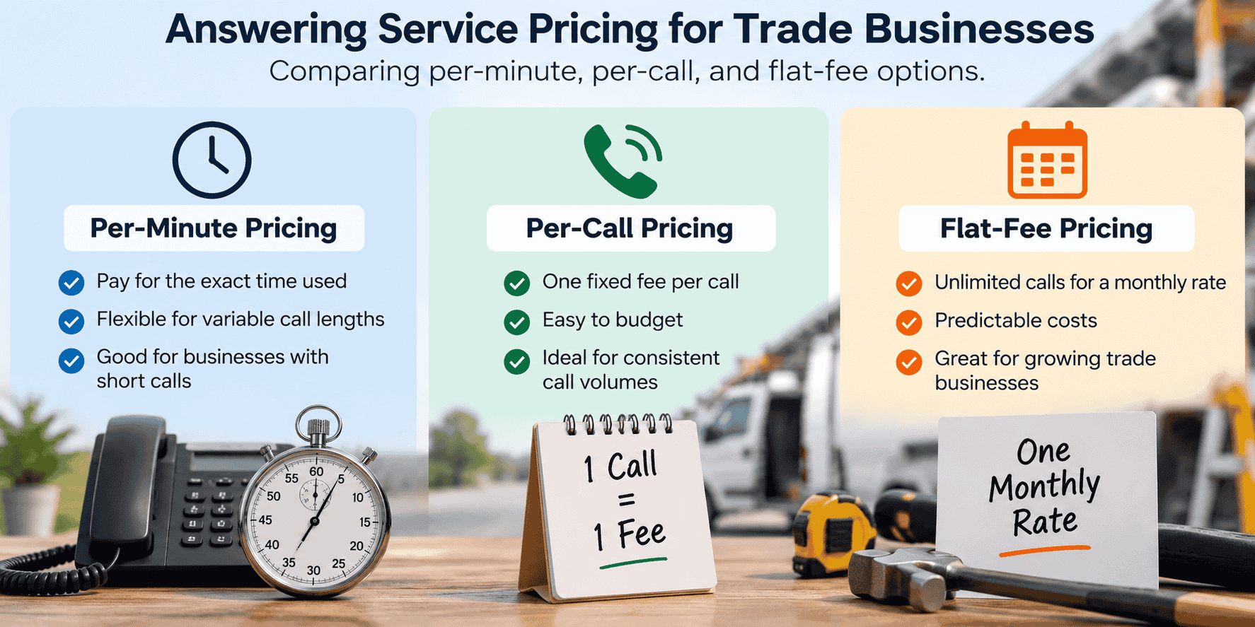 Comparing per-minute, per-call, and flat-fee answering service pricing for a trade business