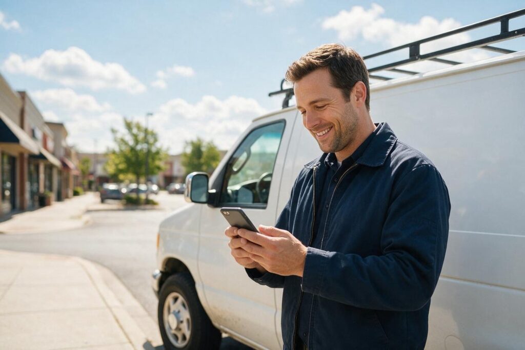 Service technician smiling at his phone beside a work van, booked job confirmed by an AI answering service