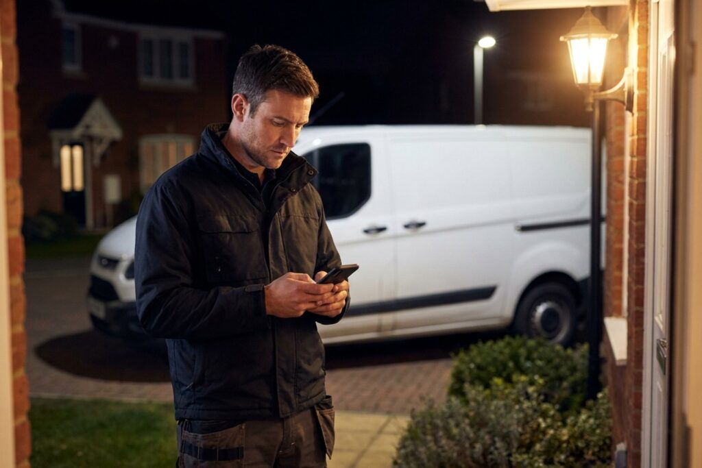 On-call service technician checking a job alert on his phone at night beside a white work van, with an AI answering service handling the after-hours call