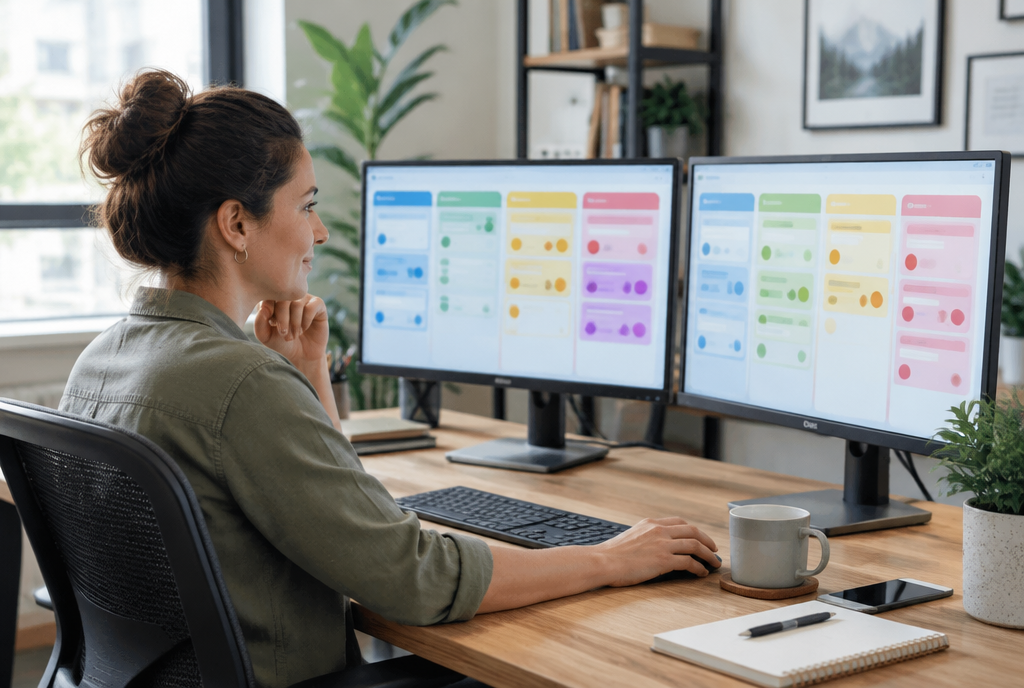 Office manager working at two monitors showing CRM pipeline boards