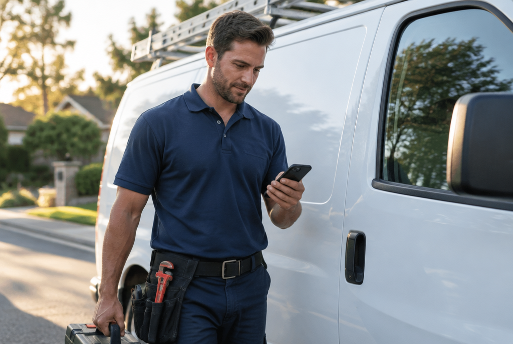 Plumber checking a new lead text on his phone beside a service van, using speed to lead automation