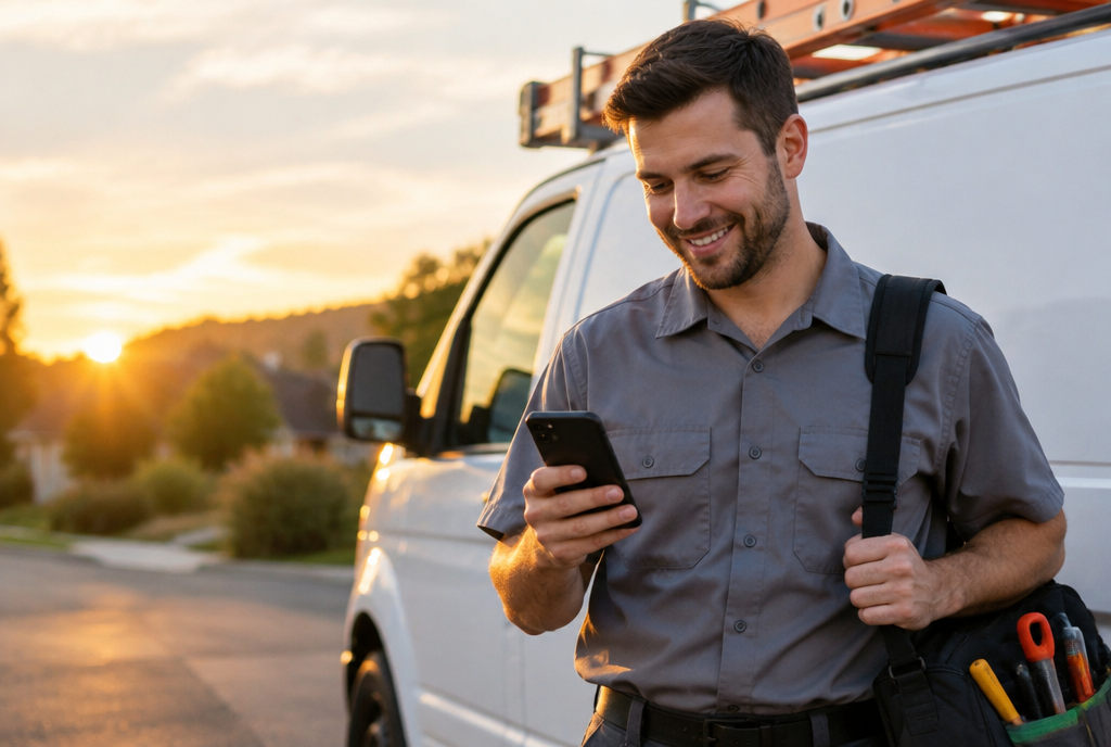 HVAC technician smiling at a booked appointment on his phone beside a work van