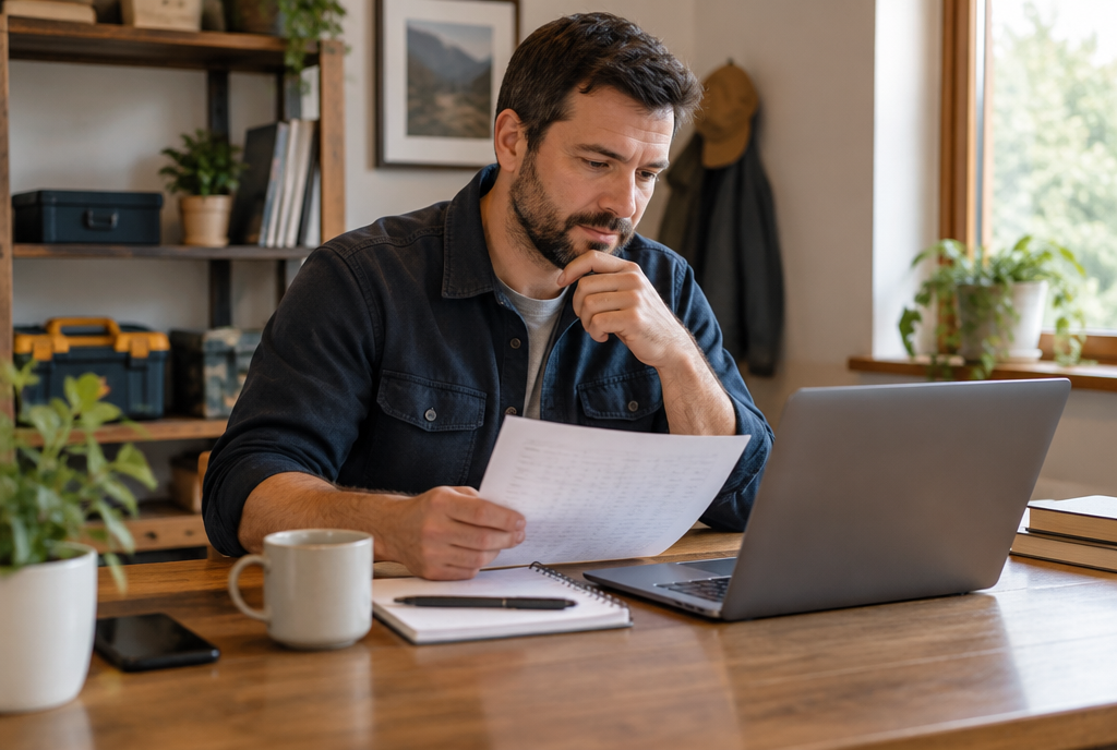 Small business owner reviewing a customer list at a desk, a task lead follow-up automation takes over