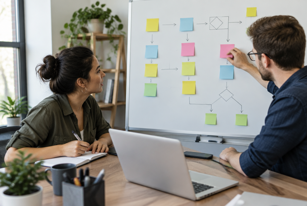 Two colleagues mapping a business workflow with sticky notes on a whiteboard during CRM implementation