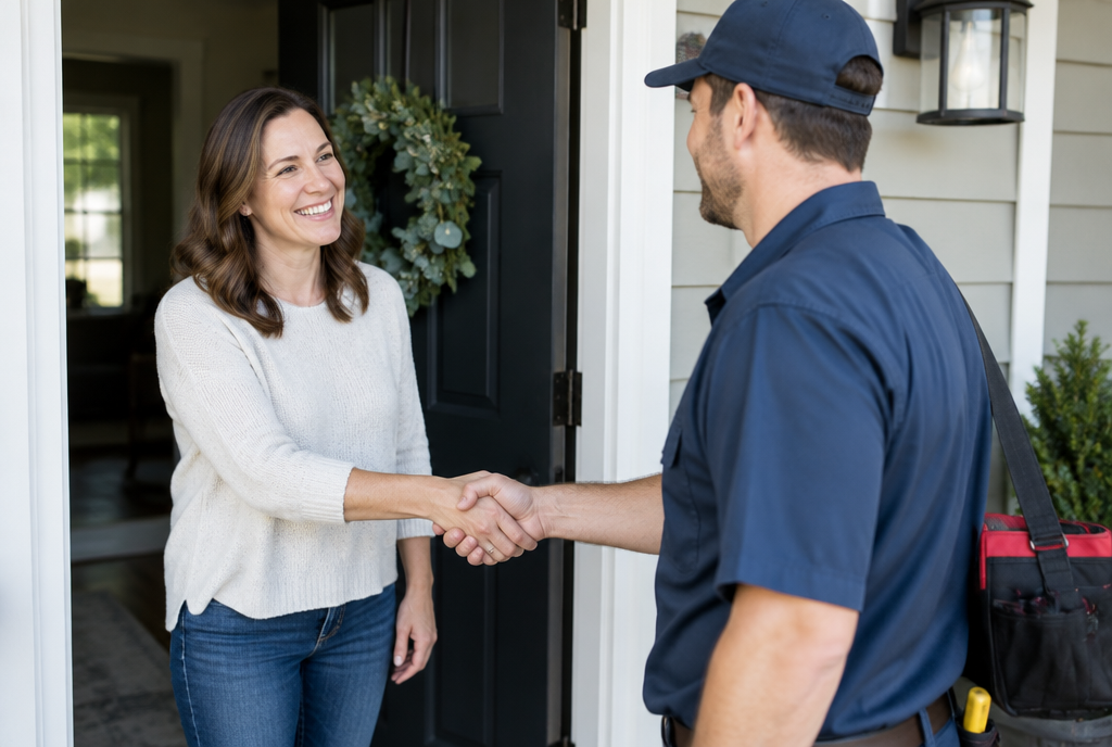 Happy homeowner shaking hands with a service technician after a completed job