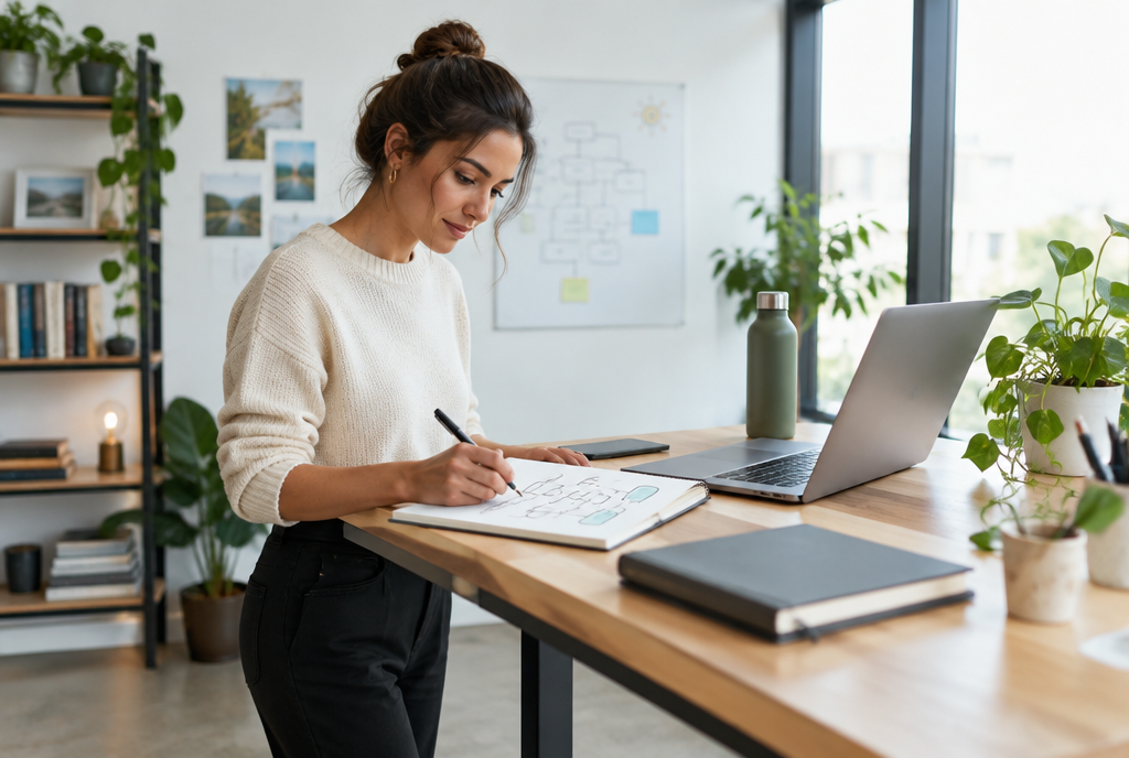 Business owner mapping an automation workflow at a standing desk with a laptop and notebook