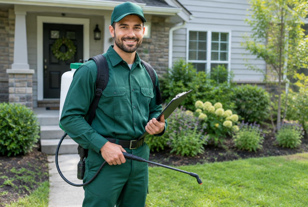 Pest control technician in a green uniform with a clipboard outside a home
