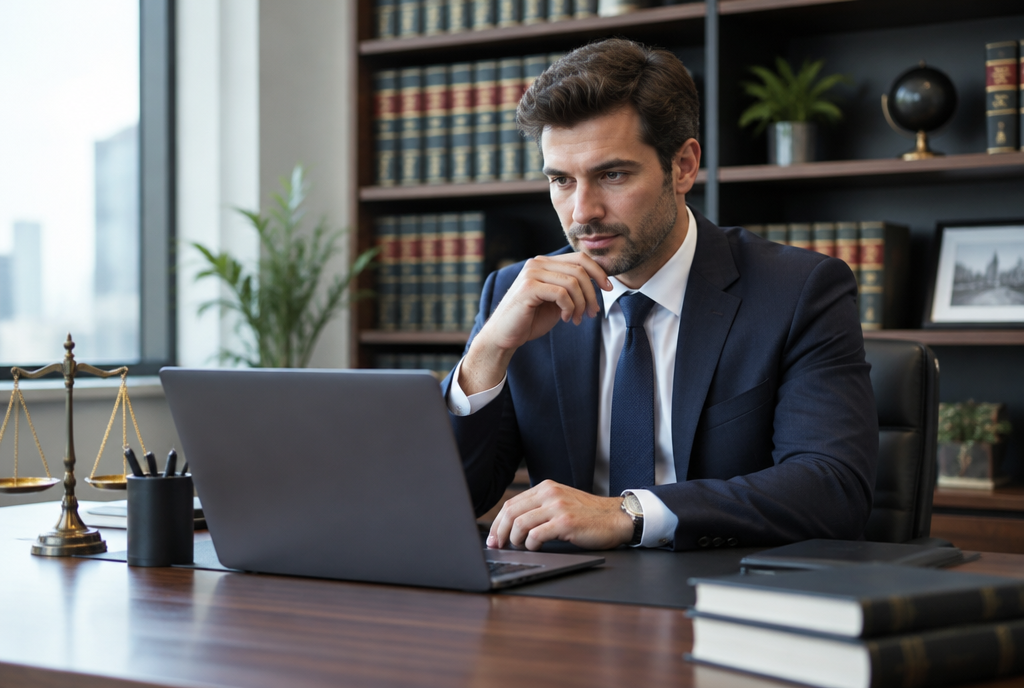 Attorney at a desk reviewing client intake on a laptop in a law office