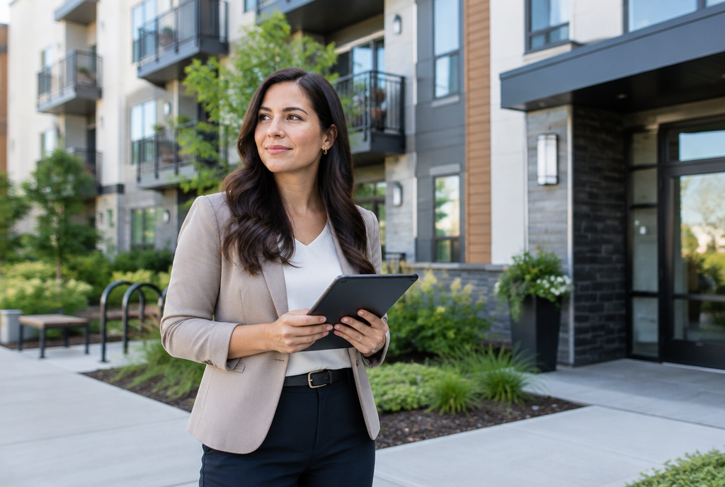 Property manager with a tablet outside a modern apartment building