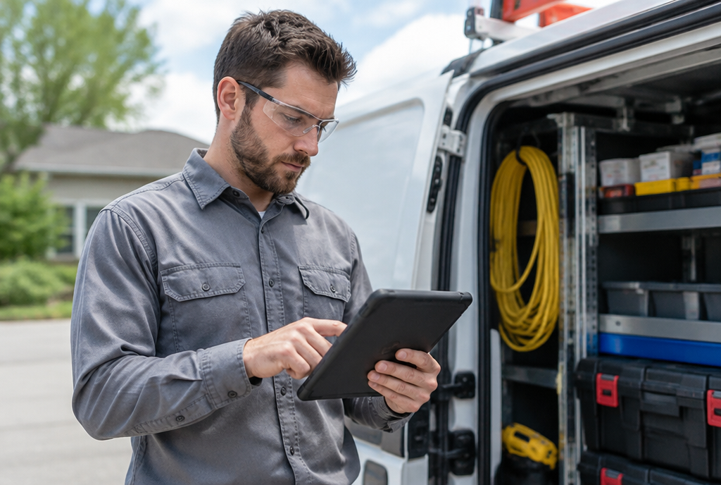 Electrician reviewing a job on a tablet beside an open work van, using an electrician CRM