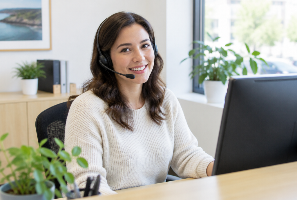 Friendly receptionist wearing a headset at a tidy office desk