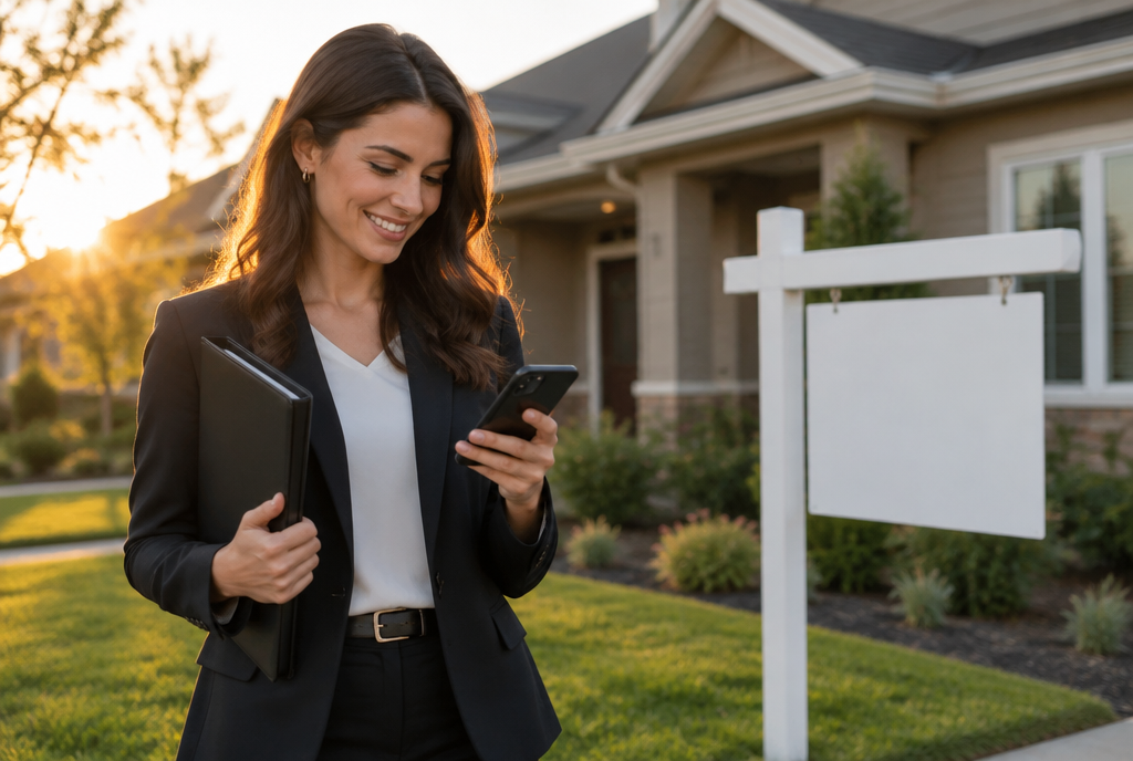 Real estate agent checking a new lead on her phone in front of a listing sign