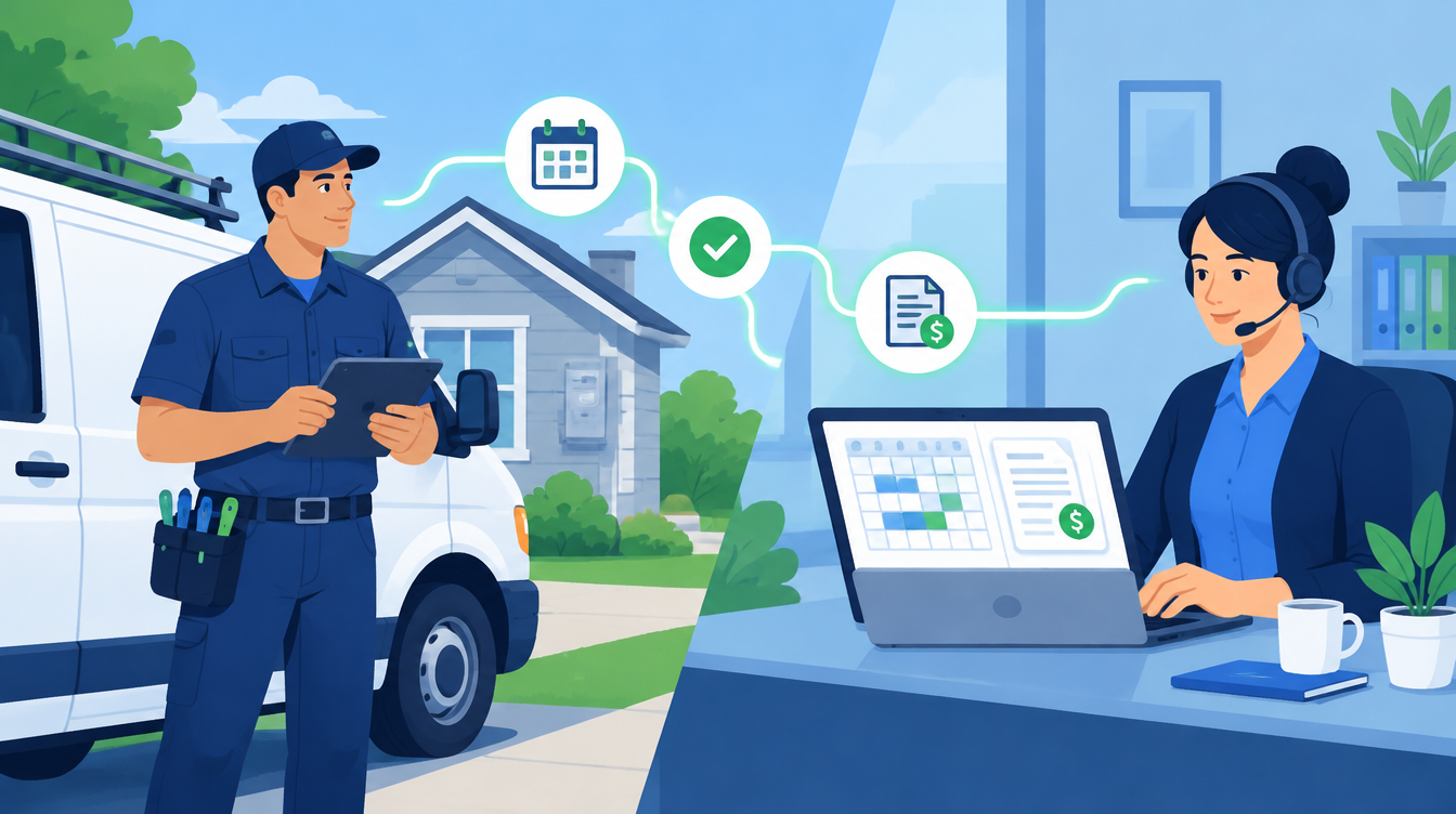 Field service technician beside a van and an office dispatcher at a laptop, linked by workflow lines