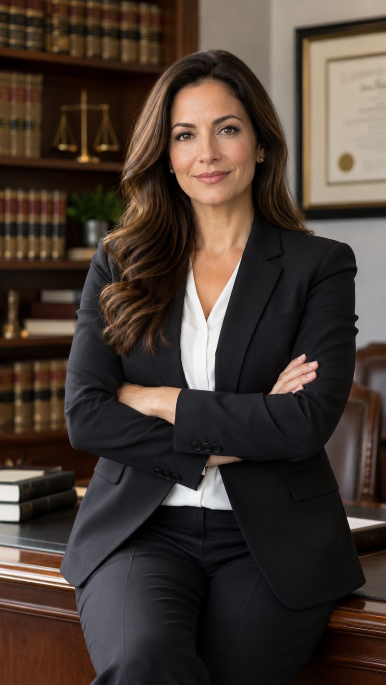 Confident attorney with arms crossed in her law office