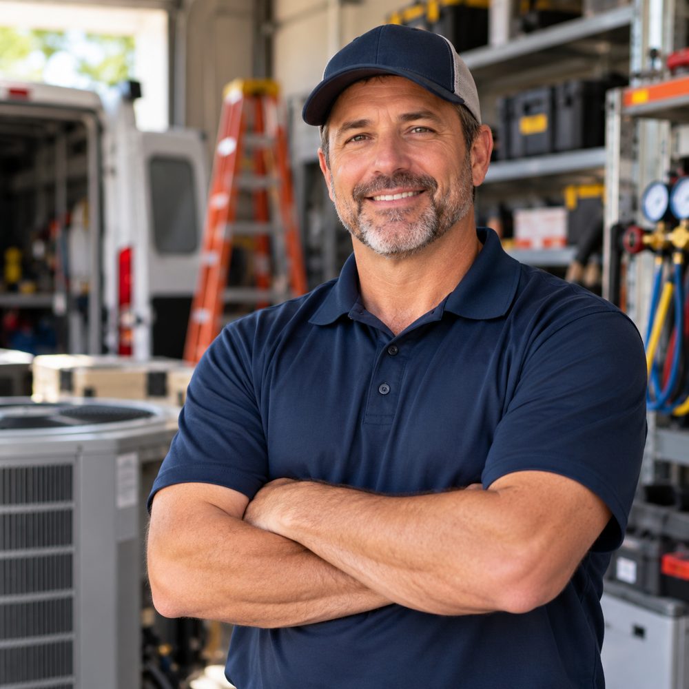 Smiling HVAC business owner with arms crossed in front of his service van and tools