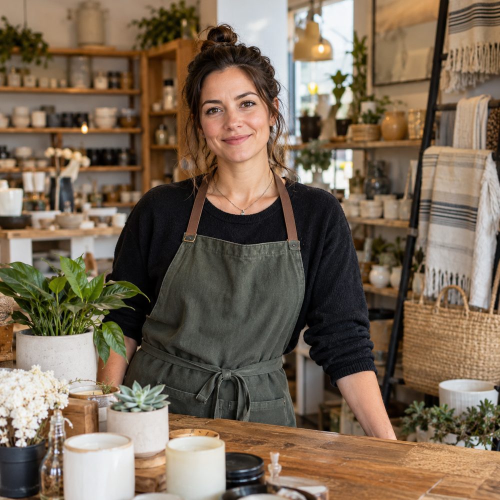 Smiling boutique shop owner in an apron behind her counter