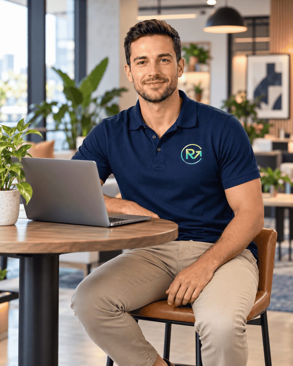 Smiling business owner in a RevUp Now AI polo working on a laptop at a cafe table