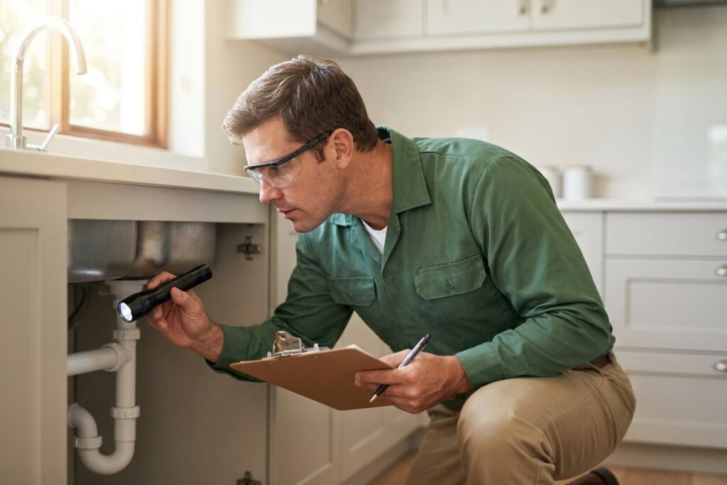 Pest control technician in a green uniform inspecting under a kitchen sink with a flashlight and clipboard