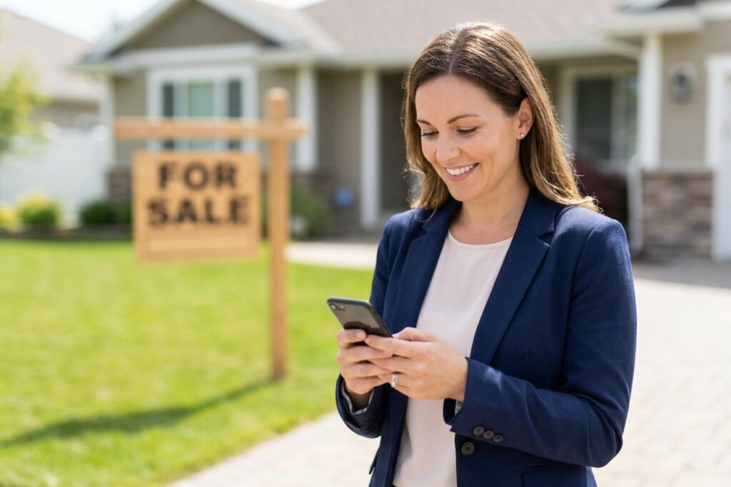 Real estate agent in a navy blazer smiling at her phone in front of a For Sale sign, handling a buyer inquiry with an AI answering service