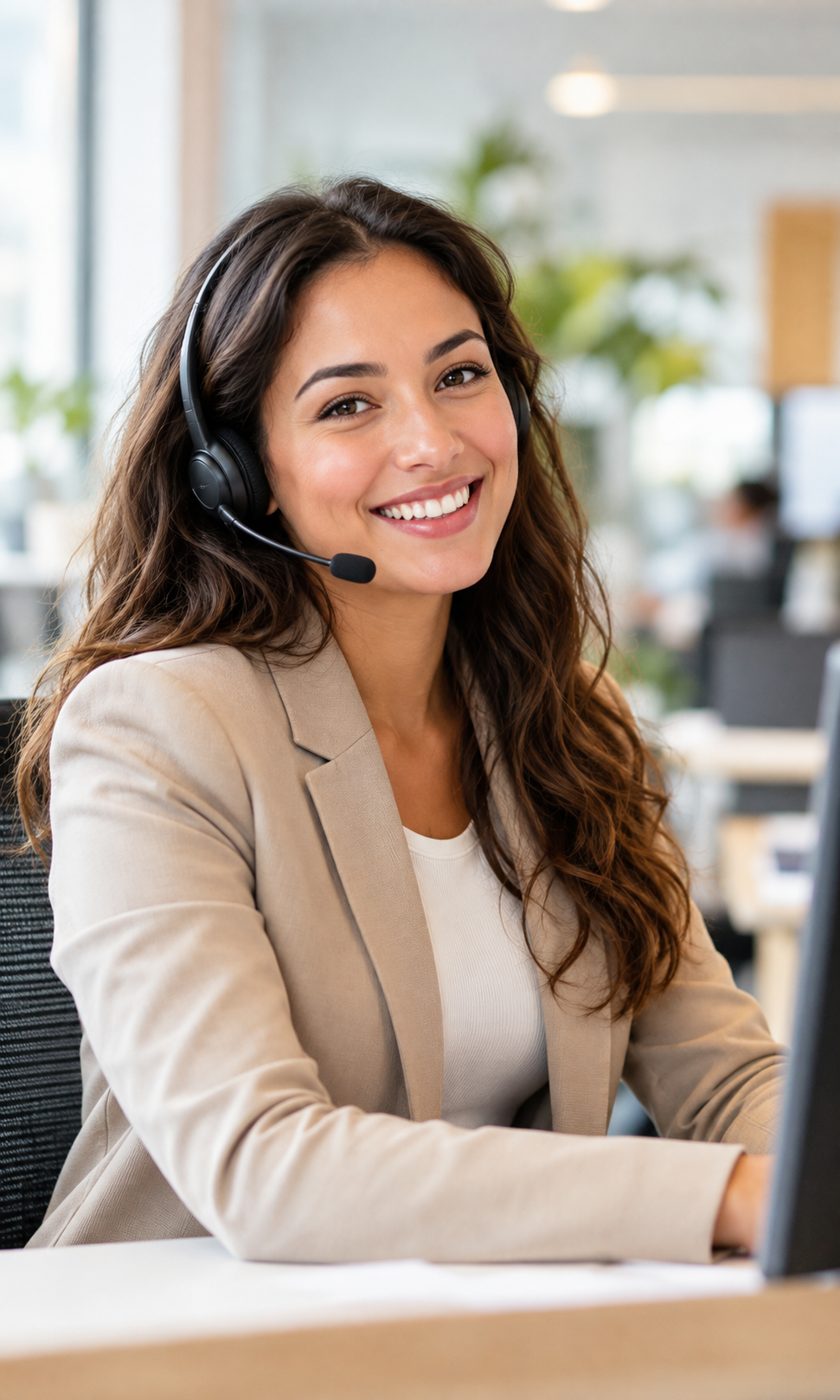 Friendly team member wearing a headset at a bright office desk